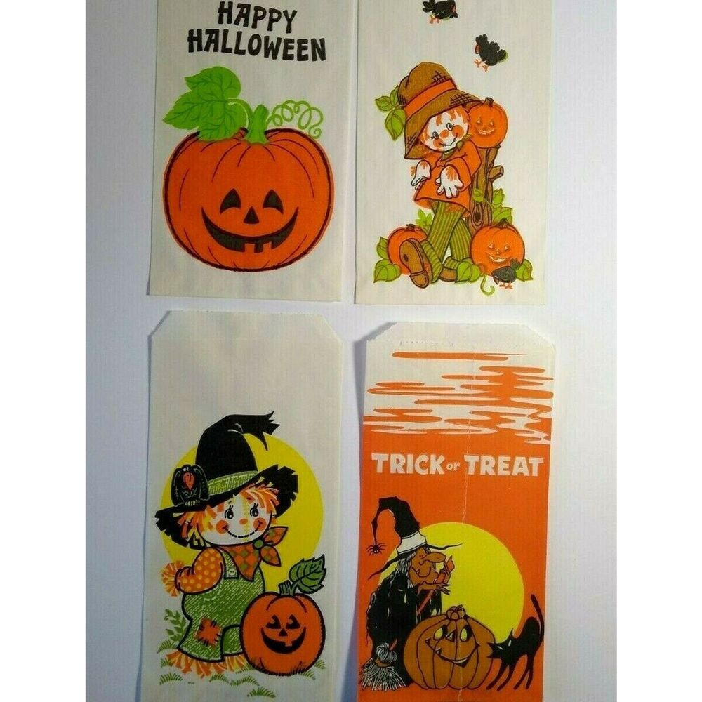 Halloween Candy Trick Or Treat Loot Bags Cute Scarecrows Witch Black Cat Lot 4